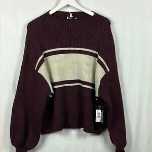 Gilli Womens Sweater Maroon & Cream XL Pullover Mock Turtleneck Balloon Sleeves